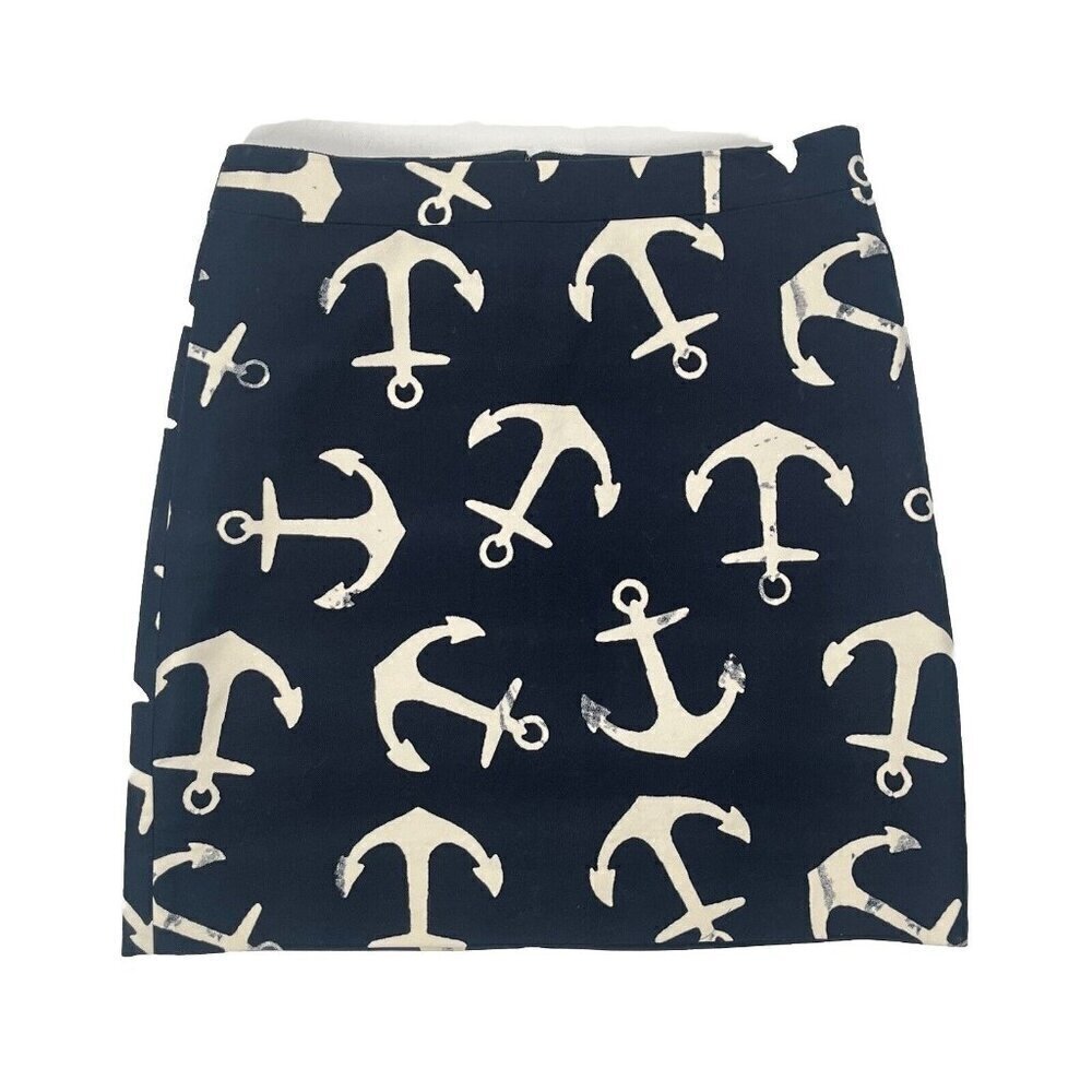J Crew Navy Blue Straight Skirt Anchor Nautical Preppy Old Money Sz 2